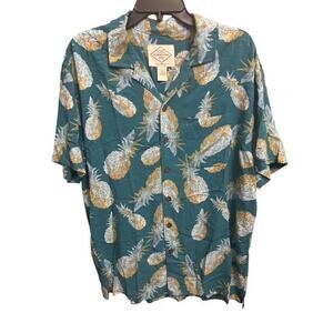 St John's Bay Medium Shirt Teal Pineapple Rayon Classic Fit Pocket Short Sleeves